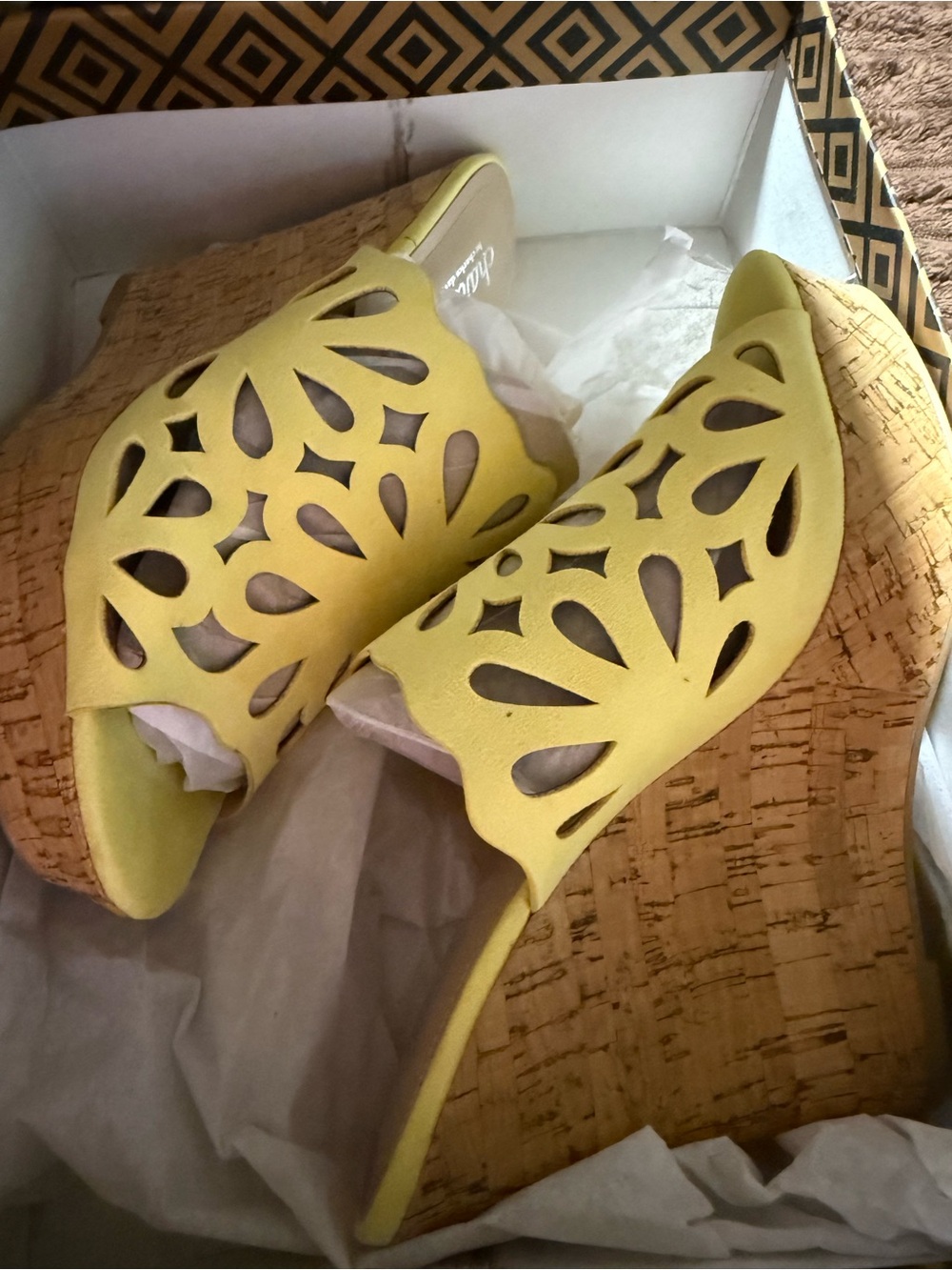 Charles By Charles David Yellow Laser-Cut Cork Wedge Mules